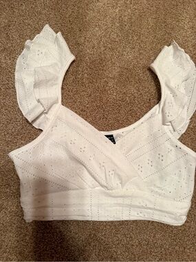 SHEIN White Eyelet Wrap-Front Ruffle Crop Top
